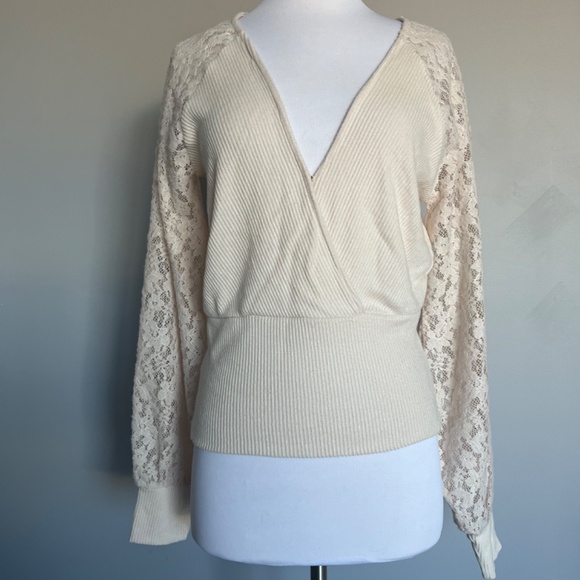Anthropologie Lace Sleeve Ribbed Knit Surplice Cocktail Top Cream Wrap Sweater - Picture 5 of 10